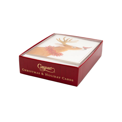 Caspari Deer And Cardinal Petite Boxed Christmas Cards (Set of 15)