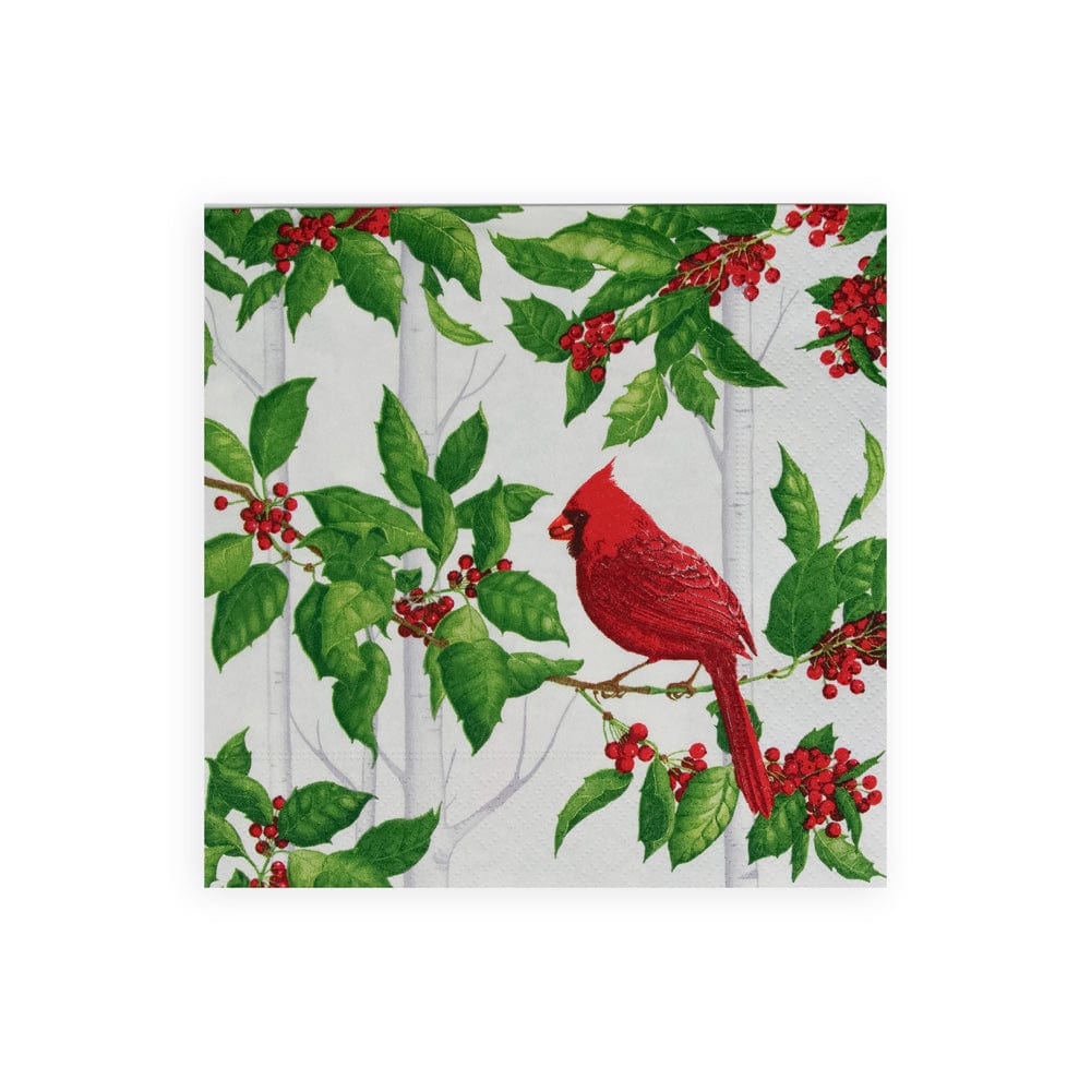 Caspari Lunch Napkin Holly And Songbirds White & Silver
