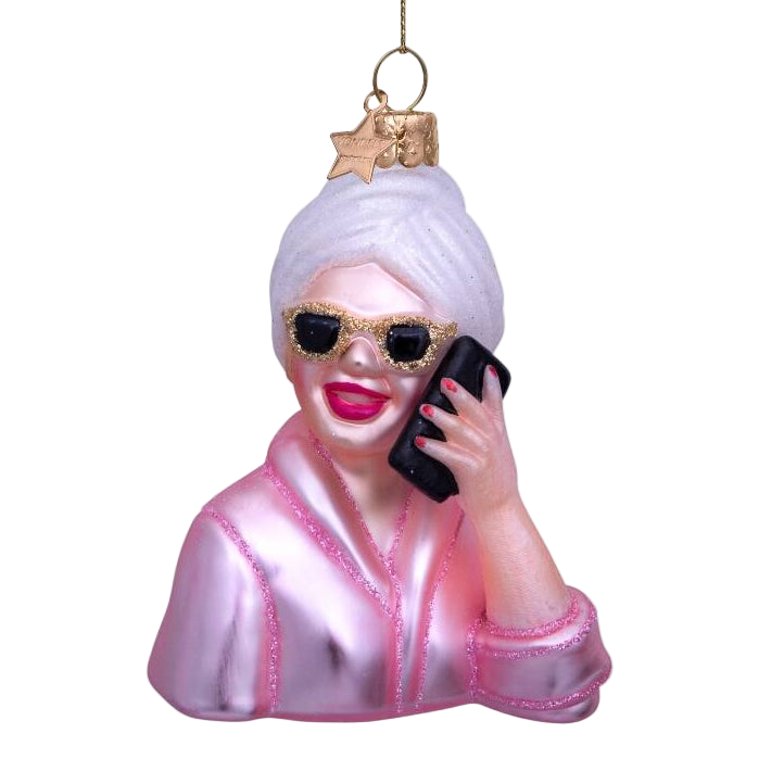 Christmas Tree Hanging Ornament “Self-Care Girl” Glass Ornament with Phone – 9 cm