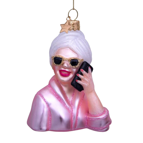 Christmas Tree Hanging Ornament “Self-Care Girl” Glass Ornament with Phone – 9 cm
