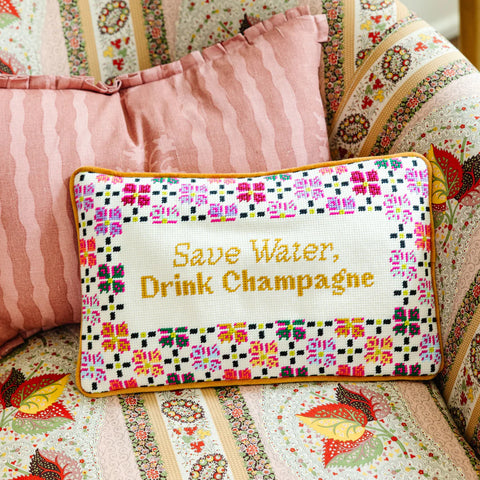 Furbish Drink Champagne Needlepoint Pillow