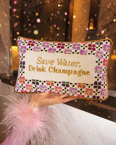 Furbish Drink Champagne Needlepoint Pillow