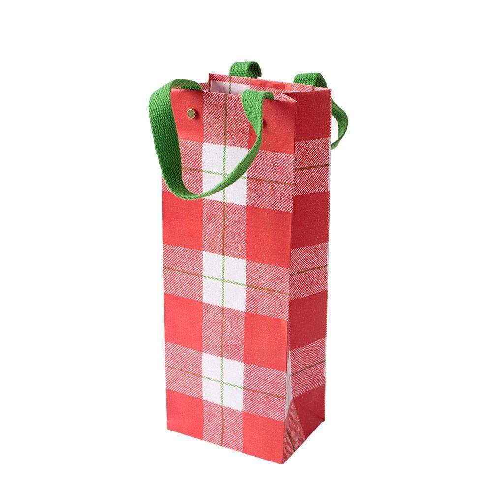 Caspari Plaid Check Red Bottle Bag