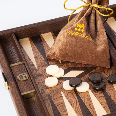 Manopoulos - Handcrafted Walnut Burl Backgammon Set with Side Racks 38x23cm