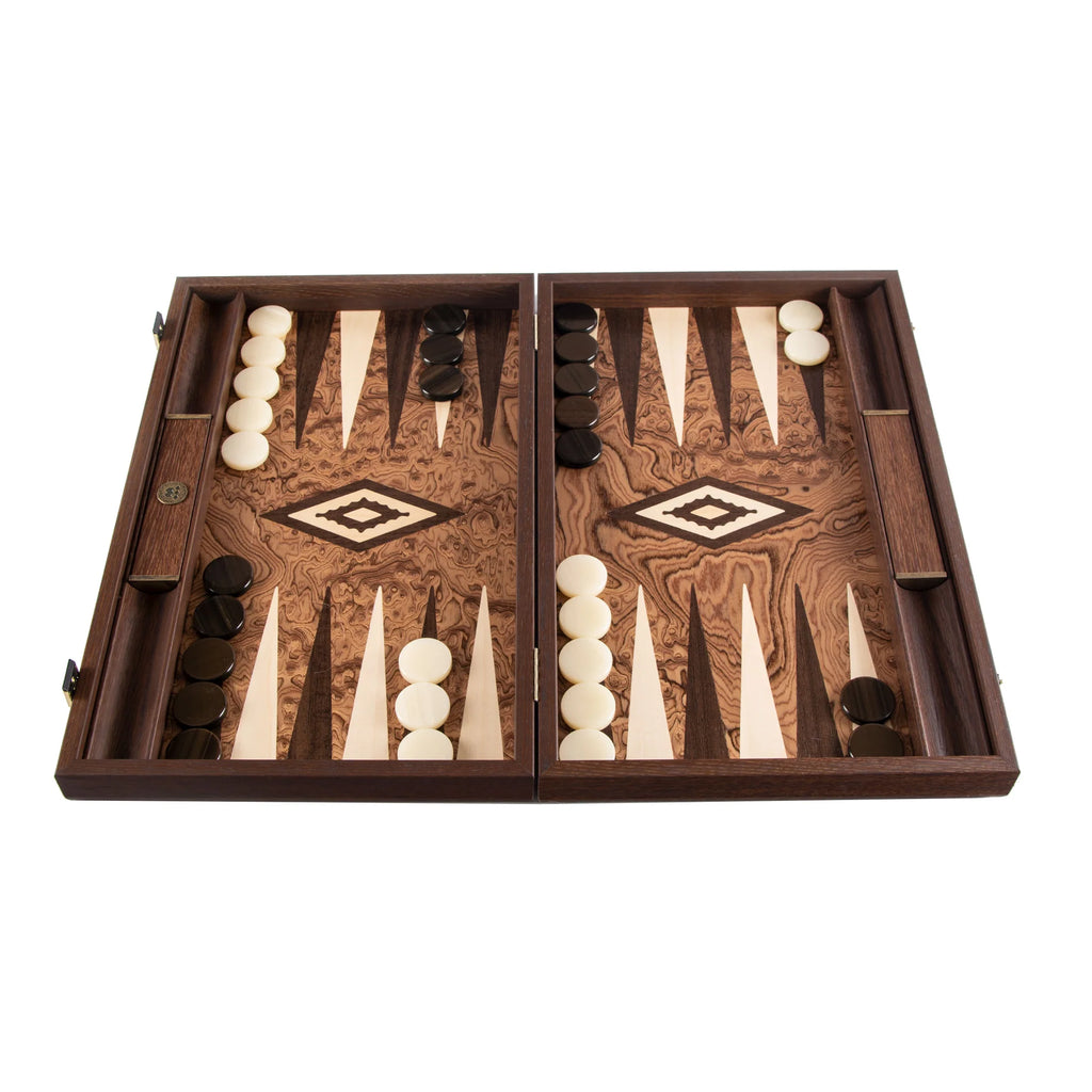 Manopoulos - Handcrafted Walnut Burl Backgammon Set with Side Racks 30x20cm