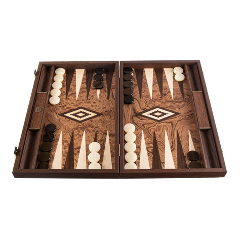 Manopoulos - Handcrafted Walnut Burl Backgammon Set with Side Racks 30x20cm