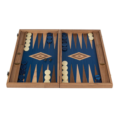 Manopoulos Handcrafted Walnut with Blue Oak Backgammon Set with Walnut & Oak Points with Side Racks 48x30cm