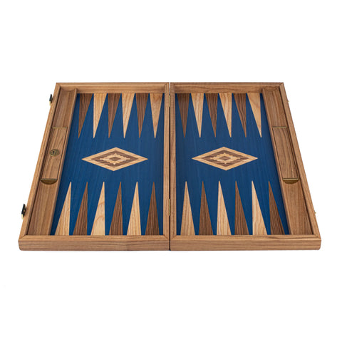 Manopoulos Handcrafted Walnut with Blue Oak Backgammon Set with Walnut & Oak Points with Side Racks 48x30cm