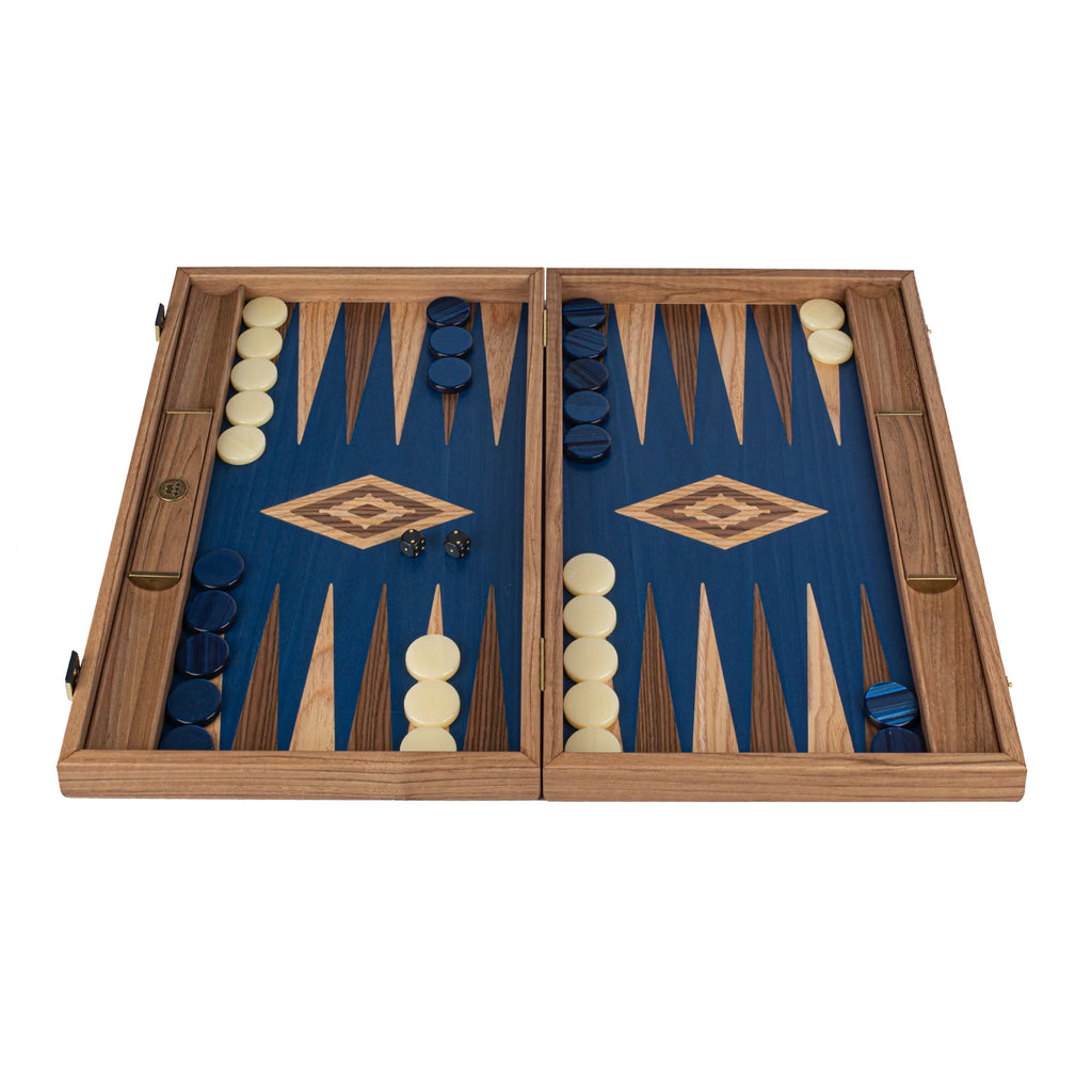Manopoulos Handcrafted Walnut with Blue Oak Backgammon Set with Walnut & Oak Points with Side Racks 30x20cm