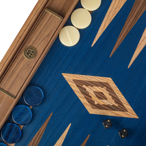 Manopoulos Handcrafted Walnut with Blue Oak Backgammon Set with Walnut & Oak Points with Side Racks 30x20cm