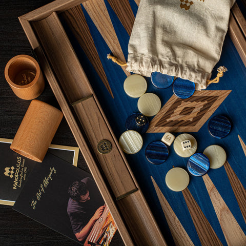 Manopoulos Handcrafted Walnut with Blue Oak Backgammon Set with Walnut & Oak Points with Side Racks 30x20cm
