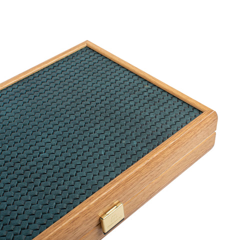 Manopoulos - Handcrafted Knitted Leather Backgammon Set in Turquoise with Side Racks 30x20cm