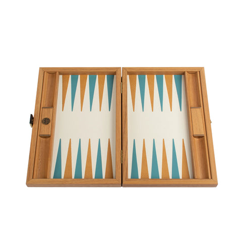 Manopoulos - Handcrafted Knitted Leather Backgammon Set in Turquoise with Side Racks 30x20cm