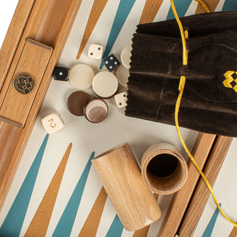Manopoulos - Handcrafted Knitted Leather Backgammon Set in Turquoise with Side Racks 30x20cm