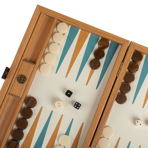 Manopoulos - Handcrafted Knitted Leather Backgammon Set in Turquoise with Side Racks 30x20cm