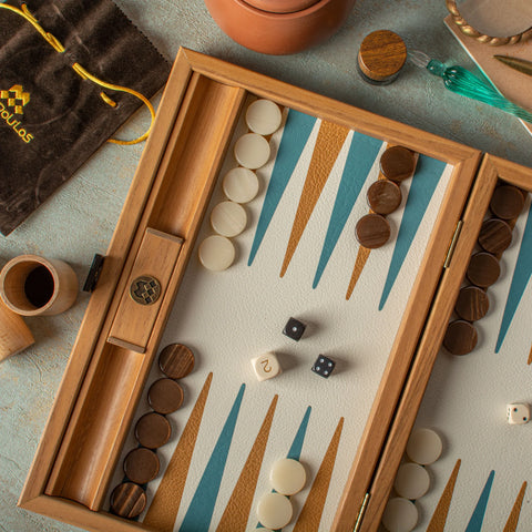 Manopoulos - Handcrafted Knitted Leather Backgammon Set in Turquoise with Side Racks 30x20cm