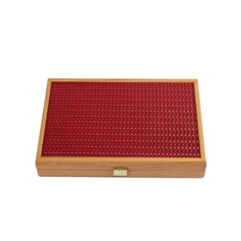 Manopoulos - Handcrafted Knitted Leather Backgammon Set in Red with Side Racks 30x20cm
