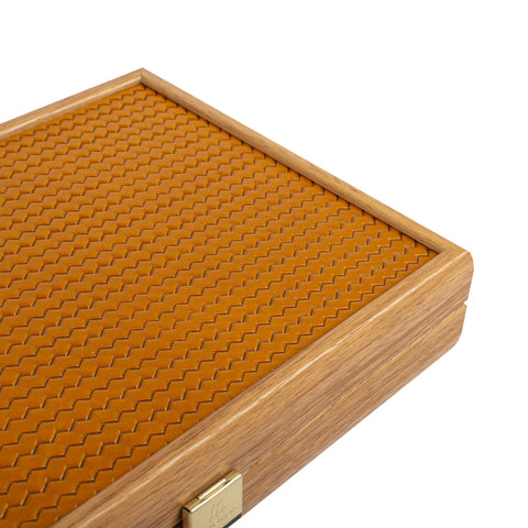 Manopoulos - Handcrafted Knitted Leather Backgammon Set in Mustard with Side Racks 30x20cm