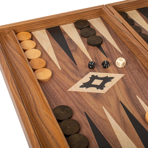 Manopoulos - Handcrafted Walnut Replica Wood Backgammon Set with Black & Oak Points with Side Racks 48x30cm