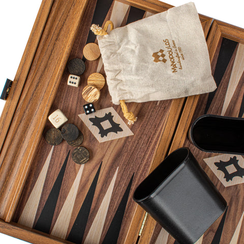 Manopoulos - Handcrafted Walnut Replica Wood Backgammon Set with Black & Oak Points with Side Racks 48x30cm