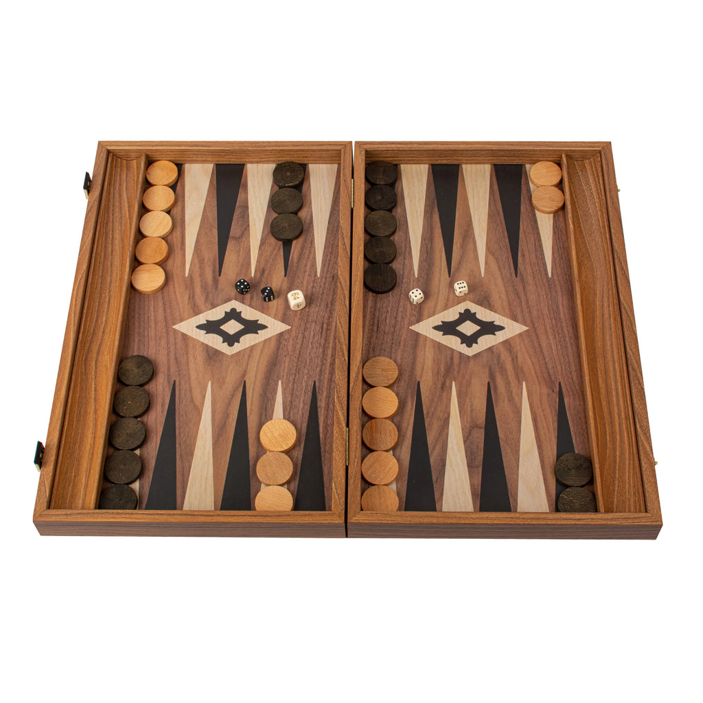 Manopoulos - Handcrafted Walnut Replica Wood Backgammon Set with Black & Oak Points with Side Racks 38x23cm