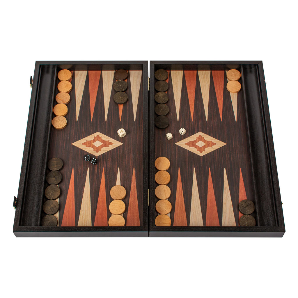 Manopoulos - Handcrafted Wenge Replica Wood Backgammon Set with Walnut & Oak Points with Side Racks 38x23cm