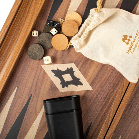 Manopoulos - Handcrafted Walnut Replica Wood Backgammon Set with Black & Oak Points with Side Racks 30x20cm