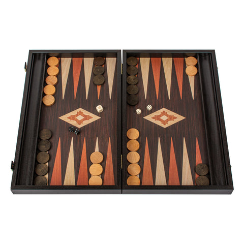 Manopoulos - Handcrafted Wenge Replica Wood Backgammon Set with Walnut & Oak Points with Side Racks 30x20cm