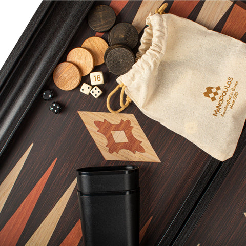 Manopoulos - Handcrafted Wenge Replica Wood Backgammon Set with Walnut & Oak Points with Side Racks 30x20cm