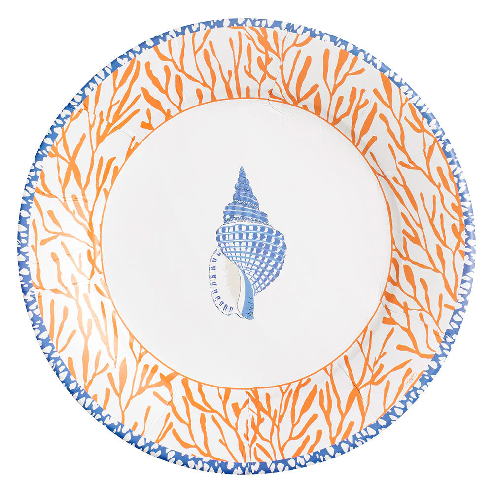 Caspari Shell Toile-Coral/Blue Dinner Plates