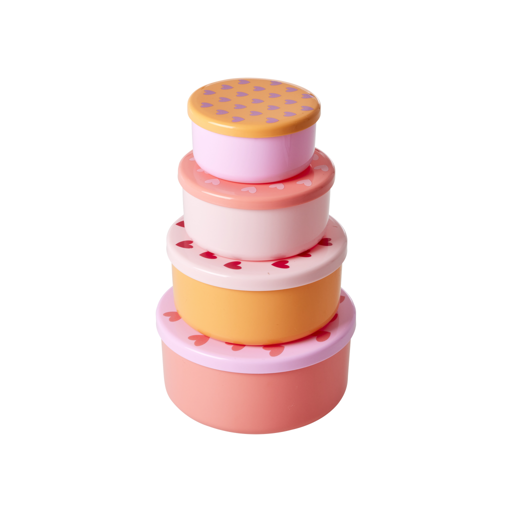 Rice Round Plastic Food Boxes with Hearts Prints (Set of 4)