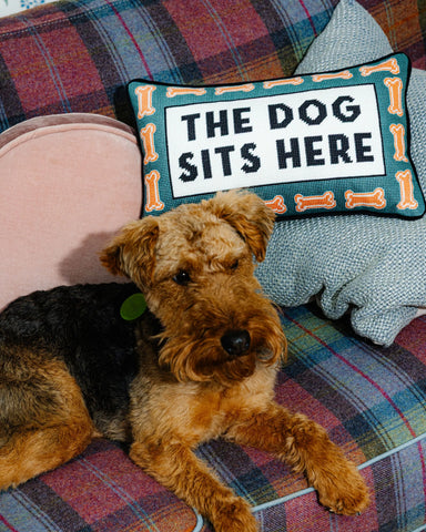 Furbish Dog Sits Here Needlepoint Pillow