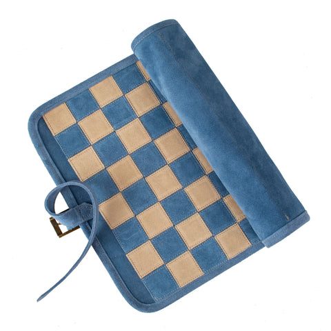 Manopoulos - Handcrafted Denim Blue Suede Roll-Up Chess Set with Metal Chessmen