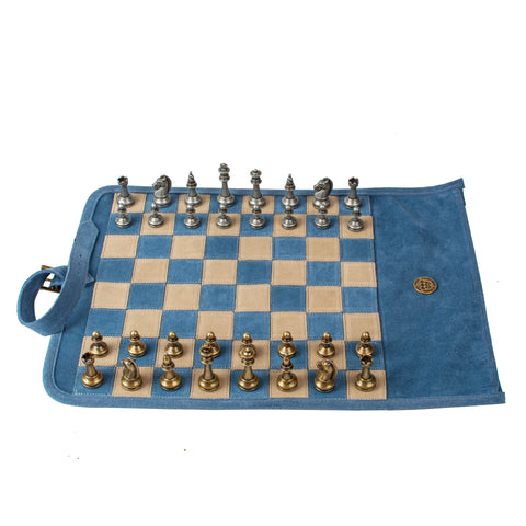Manopoulos - Handcrafted Denim Blue Suede Roll-Up Chess Set with Metal Chessmen