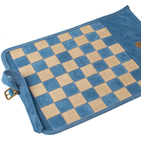 Manopoulos - Handcrafted Denim Blue Suede Roll-Up Chess Set with Metal Chessmen