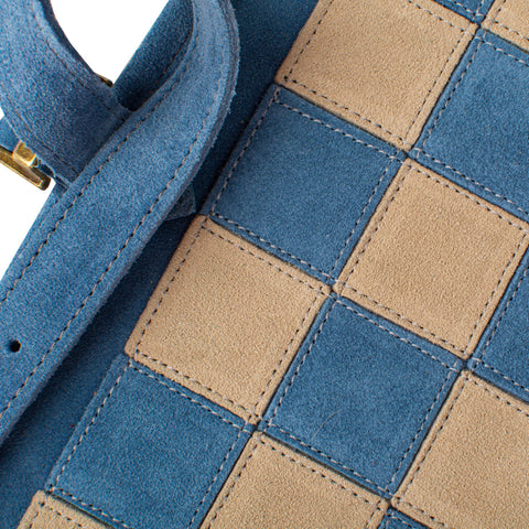 Manopoulos - Handcrafted Denim Blue Suede Roll-Up Chess Set with Metal Chessmen