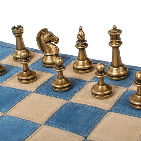 Manopoulos - Handcrafted Denim Blue Suede Roll-Up Chess Set with Metal Chessmen
