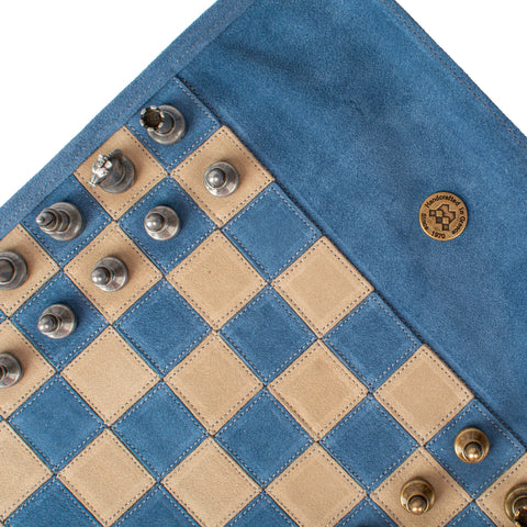 Manopoulos - Handcrafted Denim Blue Suede Roll-Up Chess Set with Metal Chessmen