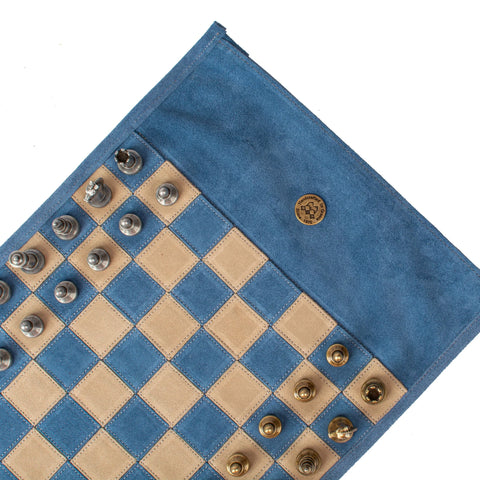 Manopoulos - Handcrafted Denim Blue Suede Roll-Up Chess Set with Metal Chessmen
