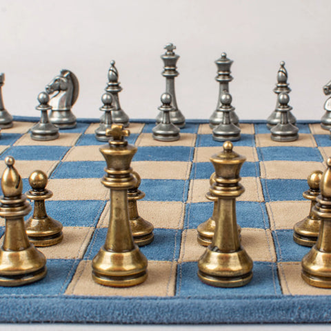 Manopoulos - Handcrafted Denim Blue Suede Roll-Up Chess Set with Metal Chessmen