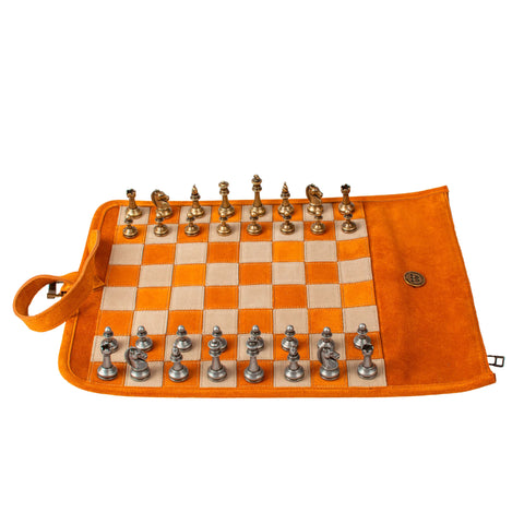 Manopoulos - Handcrafted Cinnamon Brown Suede Roll-Up Chess Set with Metal Chessmen