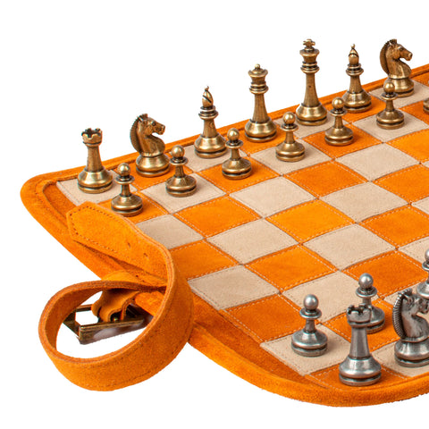 Manopoulos - Handcrafted Cinnamon Brown Suede Roll-Up Chess Set with Metal Chessmen