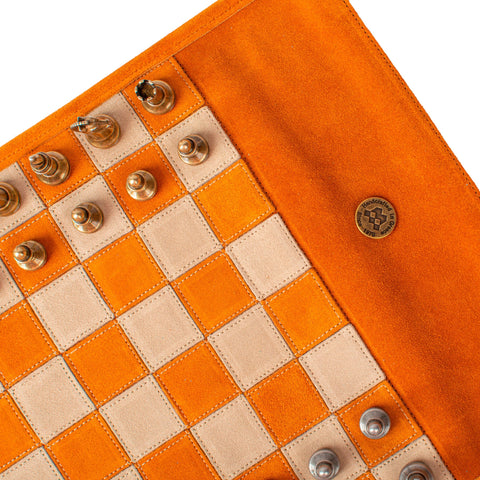 Manopoulos - Handcrafted Cinnamon Brown Suede Roll-Up Chess Set with Metal Chessmen