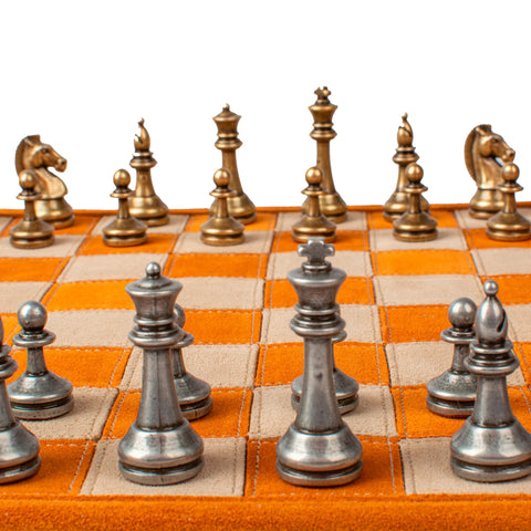 Manopoulos - Handcrafted Cinnamon Brown Suede Roll-Up Chess Set with Metal Chessmen