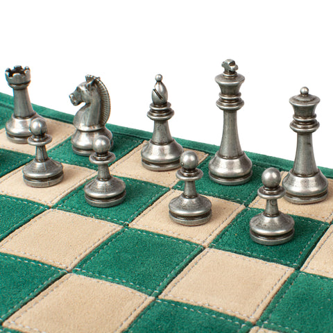 Manopoulos - Handcrafted Forest Green Suede Roll-Up Chess Set with Metal Chessmen
