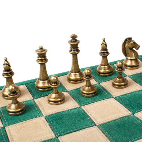 Manopoulos - Handcrafted Forest Green Suede Roll-Up Chess Set with Metal Chessmen