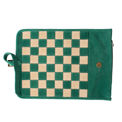 Manopoulos - Handcrafted Forest Green Suede Roll-Up Chess Set with Metal Chessmen