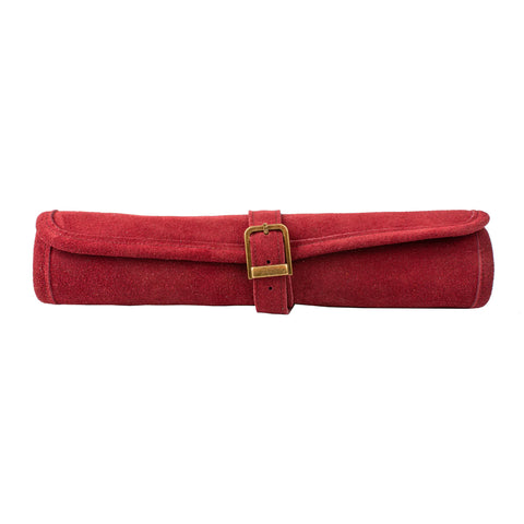 Manopoulos - Handcrafted Burgundy Red Suede Roll-Up Chess Set with Metal Chessmen
