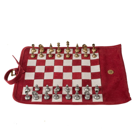 Manopoulos - Handcrafted Burgundy Red Suede Roll-Up Chess Set with Metal Chessmen