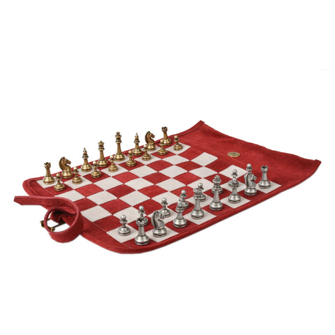 Manopoulos - Handcrafted Burgundy Red Suede Roll-Up Chess Set with Metal Chessmen